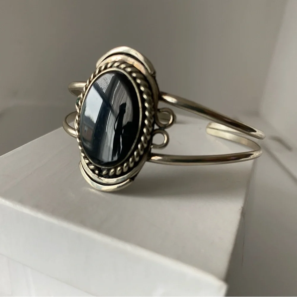 Silver Cuff Bracelet with Black Stone - Native, Unique - Picture 9 of 11